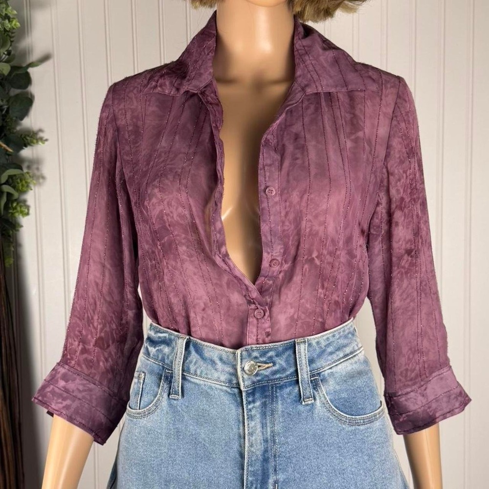 Vintage plum shimmer button-up blouse with subtle sparkle stripe detailing
